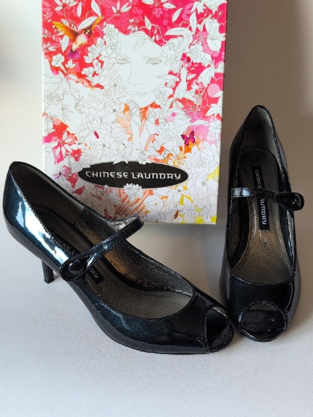 Chinese Laundry Dark Navy Patent Peep-Toe Mary Jane Heels